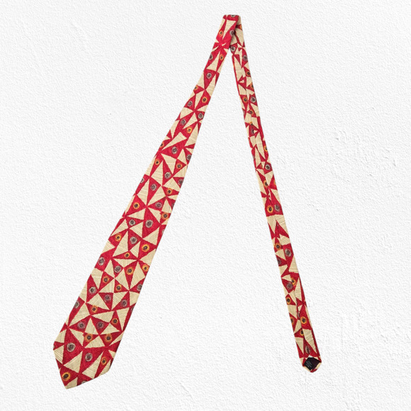 90s Vintage Bugatti Red Bold Geometric Luxury Designer Italian Silk Neck Tie - Picture 2 of 6